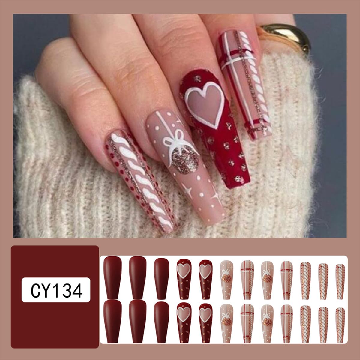 Christmas Bell Heart Stripe Glitter Nails - Red Coffin Design, Full Cover Square Artificial False Nails - 24 Pcs Winter Xmas Press On Nails for Women & Girls Manicure
