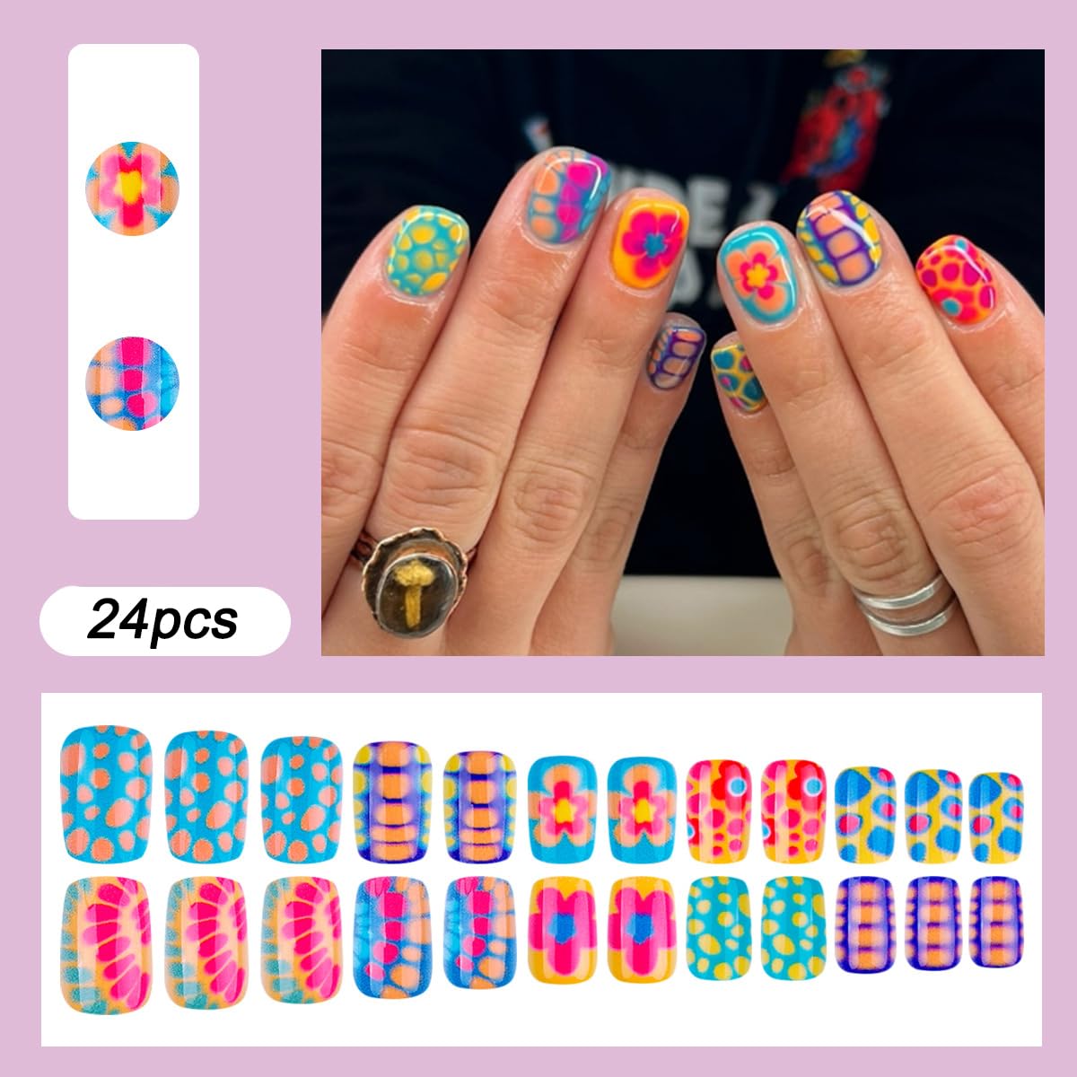 plalely Square Press on Nails Short Colorful Fake Nail Turtle Stripes with Flower Design Acrylic Nail Press ons Classic Stick on Nail for Women 24pcs