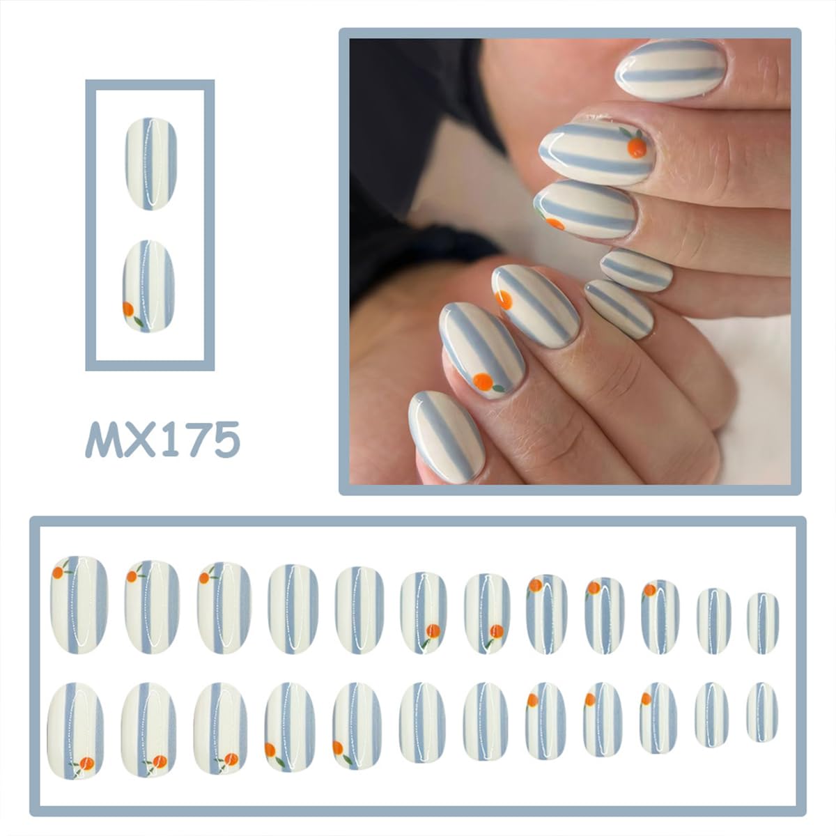 Summer Press on Nails Short Almond Fake Nails Press ons with Orange Design Blue Stripes False Nails CuteReusable Full Cover Stick on Nails for Women 12 Sizes-24 Pcs Nail Kit