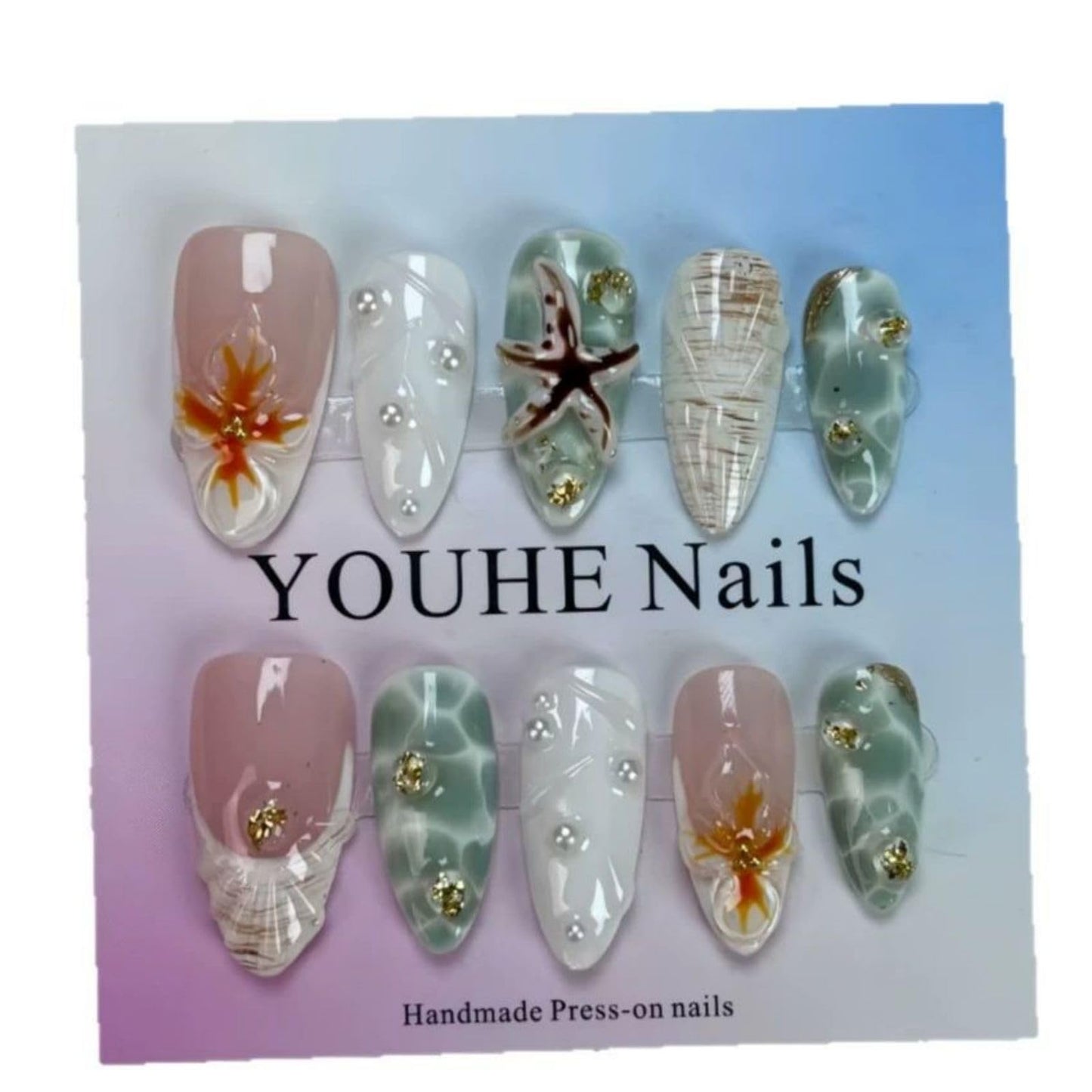 Threelegscat Handmade Press on Nails Almond Medium Press Ons with Flower and Beach Designs for Women Size L 10pcs