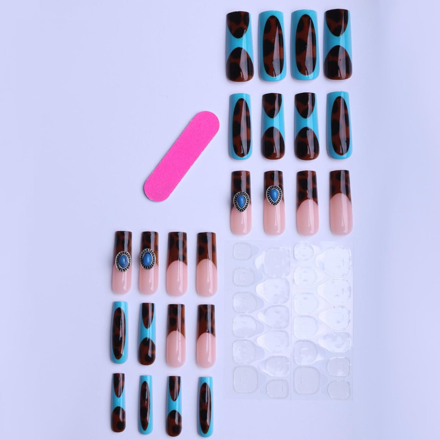 octoswave Long Square Press on Nails Leopard Tortoise Shell Print with Turquoise Charms Boho Western Style False Nails for Women 24Pcs