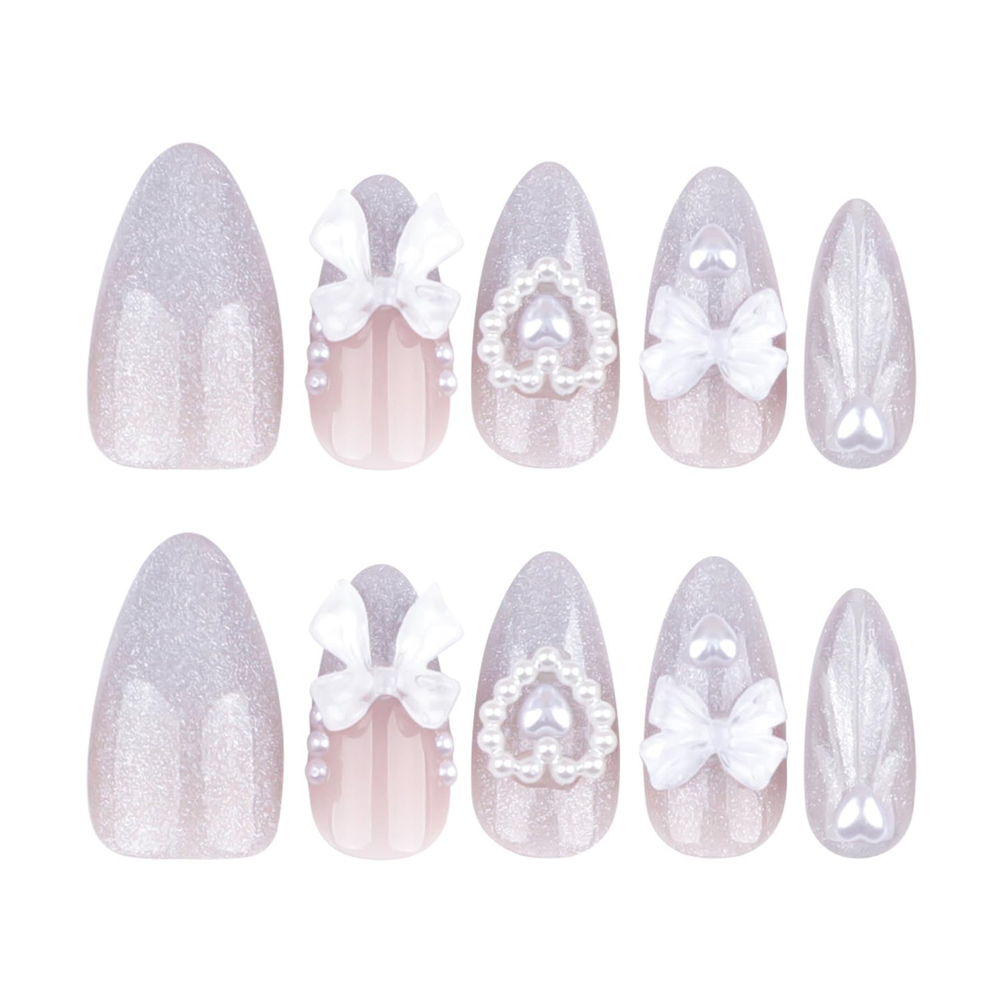 24Pcs Glitter French Tip Press on Nails Medium Almond Fake Nails Glossy Gradient False Nails with 3D Ripple Pearl Heart Design White Bow Stick on Nails Glue on Acrylic Artificial Nail for Women Decor