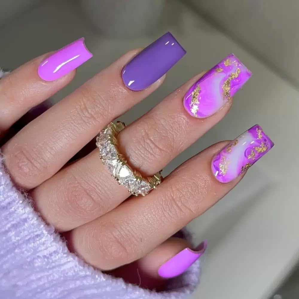 CTTHNBD Long Press on Nails Square - Purple Fake Nails with Gold Glitter Design - Ombre Full Cover Stick on False Nails for Women 24 Pcs