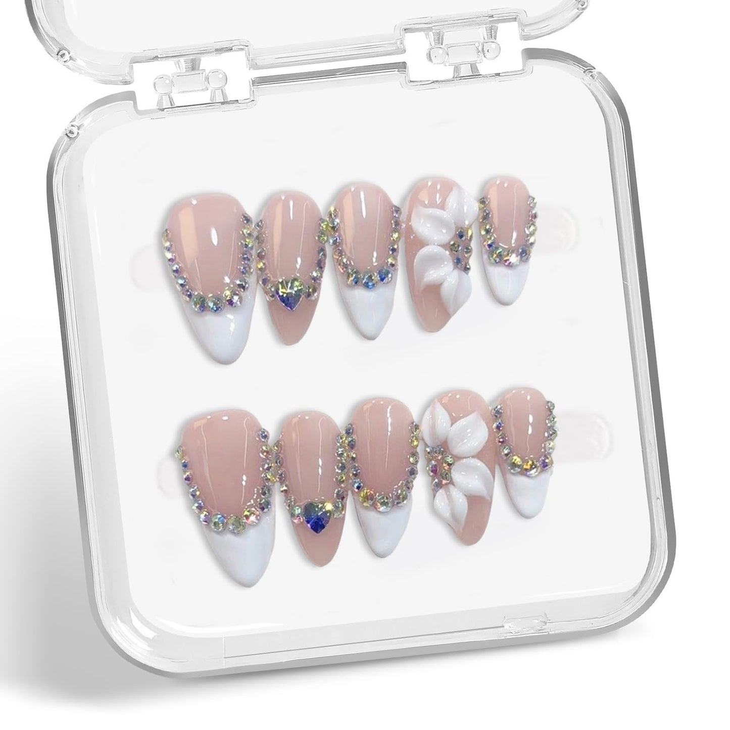 10 Pcs Flower Handmade Press on Nails Almond Shape Luxury Medium Hand Made Nails with Design Flower Artificial Stick on Nails French Tip False Nail for Women (M)