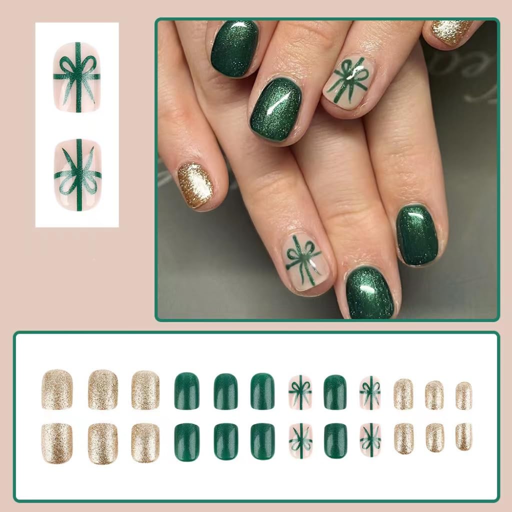 Christmas Green Press on Nails - Short Square Fake Nails with Bow Design - Gold Glitter Full Cover Stick on Nails - for Women 24 Pcs