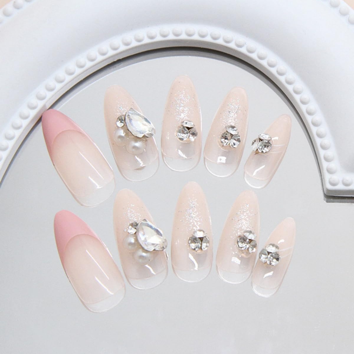 Nude Press on Nails Medium Almond Fake Nails with Glue White Pearl Design Glitter Glossy Acrylic Nails Design Gems Charms Fake Nails for Women DIY Manicure Decoration 24PCS