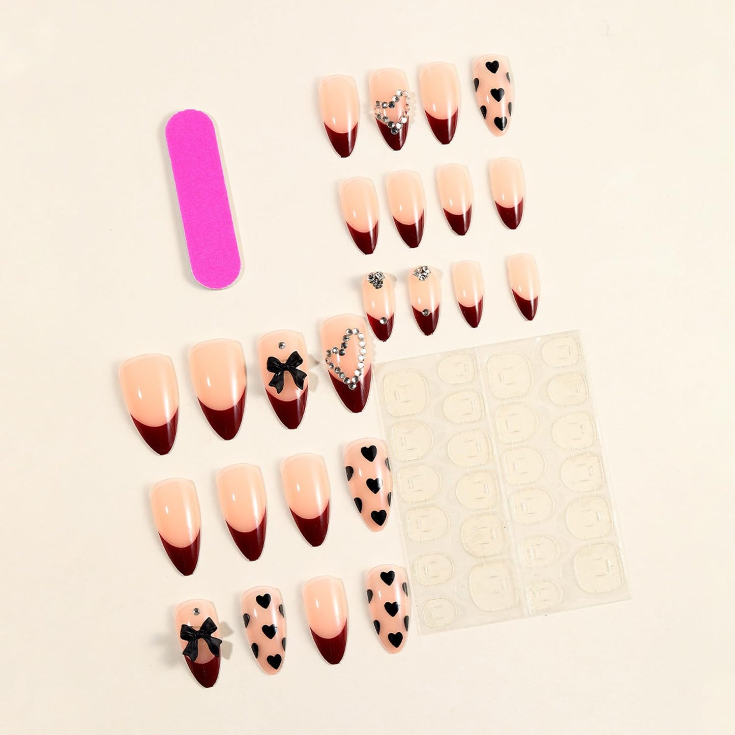 Wine Red French Press on Nails Medium Length Rhinestone Fake Nails Heart Bow Bling Glossy Artificial Nails Acrylic Glue on Nails Natural Stick on Nails for Women 24Pcs Medium French Nails