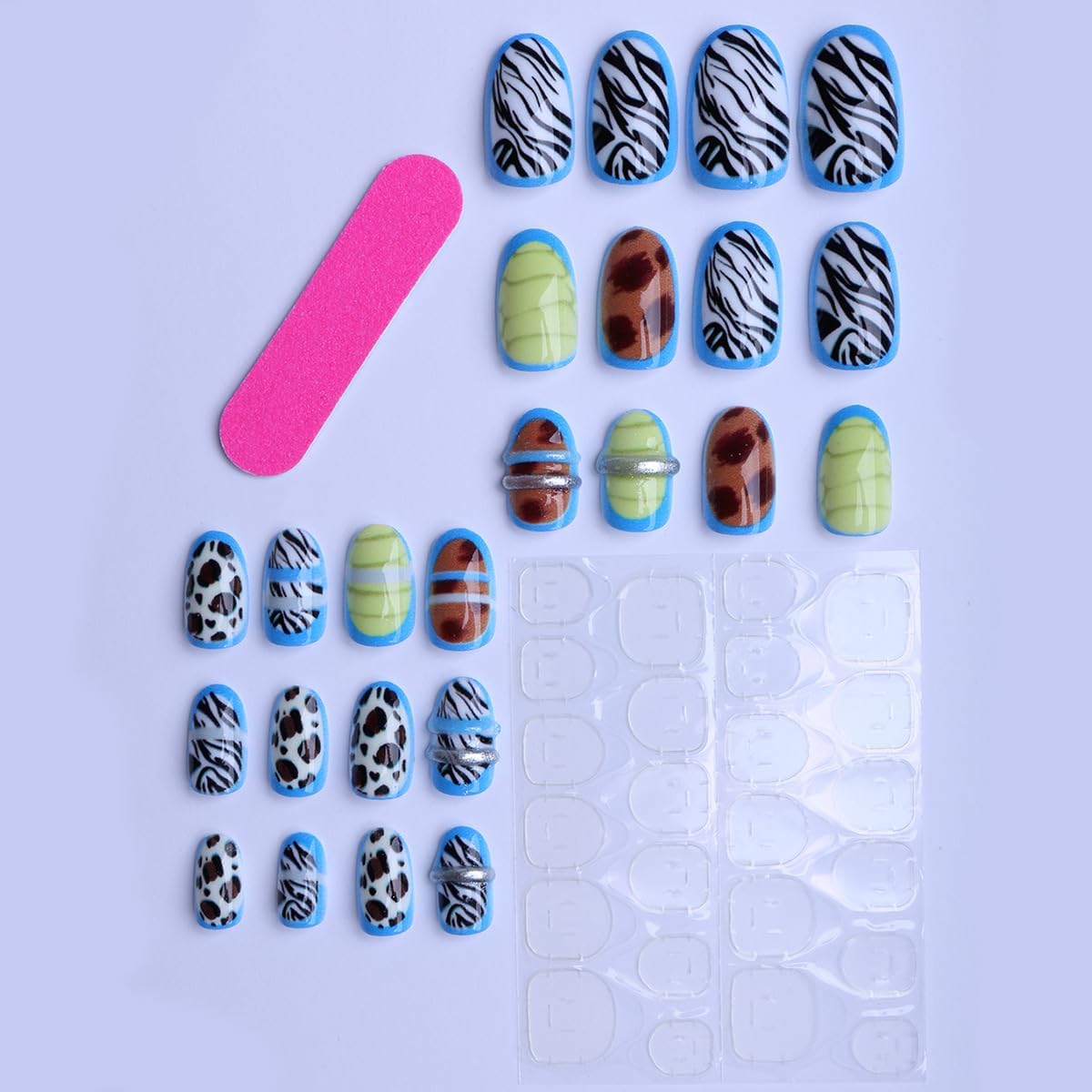 plalely Almond Press on Nails Medium Funny Fake Nail with Turtle，Zebra，Leopard Stripe Acrylic Nail Press ons Stick on Nails for Women 24pcs