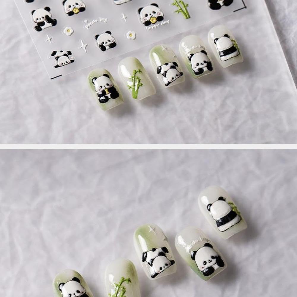 Panda Nail Stickers Cartoon Bamboo Nail Decals 5D Embossed Cute Animal Prints Nails Designs 3D Self-Adhesive Spring Nail Art Stickers Summer Nails Decoration Accessories for Women Manicure 1 Sheet