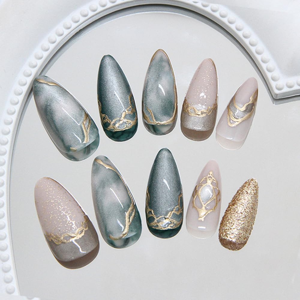 24 Pcs Cat's Eye Press on Nails Short Almond,MINGCHUN Fall Fake Nails Press ons Acrylic Nail Art Tips Kit Full Cover False Nails Glue on Nails with 3D Gilded Marble Texture Glitter Design for Women