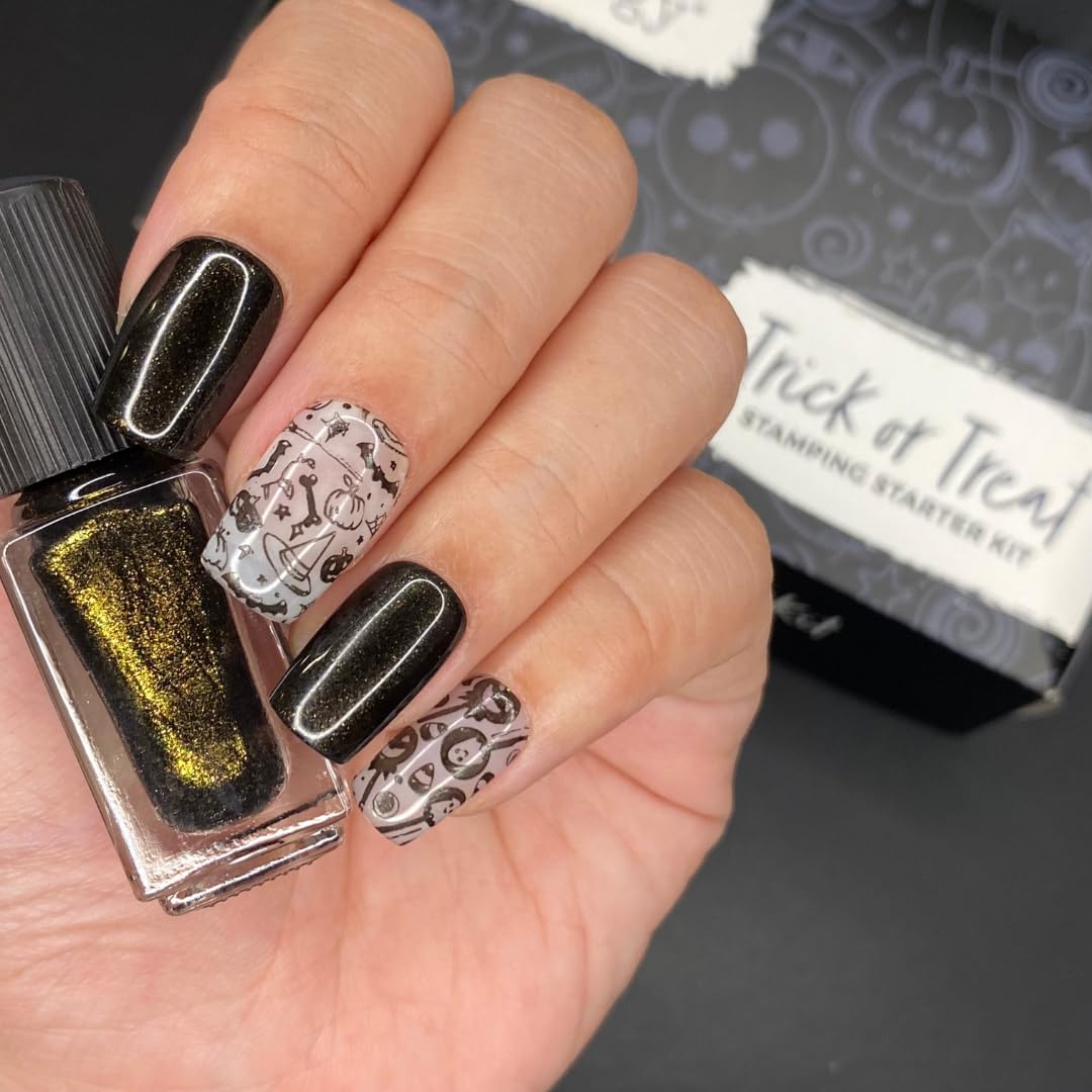 Maniology Trick or Treat Nail Stamping Starter Kit | Spooky, Cute & Classic Halloween Nail Art Designs – Includes Stamping Plate, Polish, Top Coat, Stamper & Scraper Card for Fun DIY Manicures
