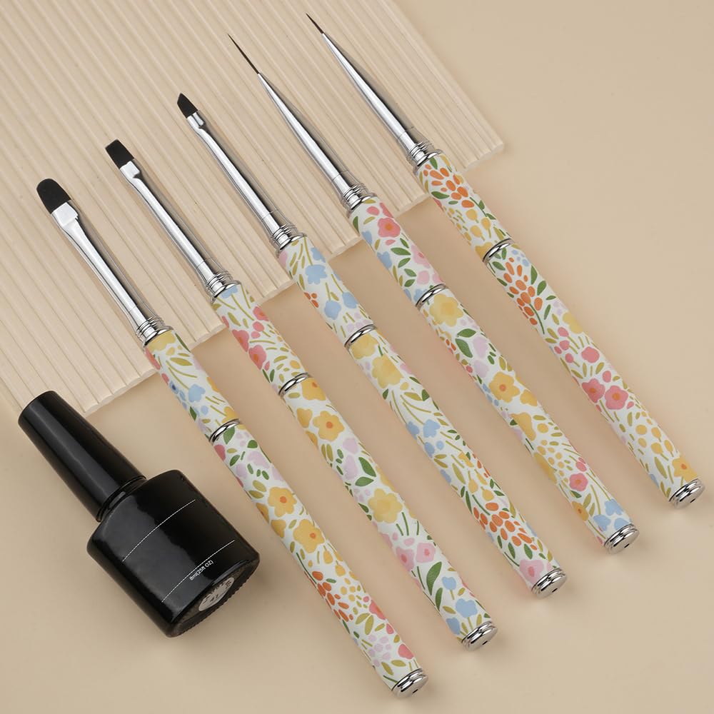 Nail Art Brushes Set YIHUALE 5PCS Gel Polish Nail Art Design Pen Painting Tools Fingernail Brush Nail Cleaning Brush Nail Art Liner Brush Leather Handle for Salon Gift for Girls Women