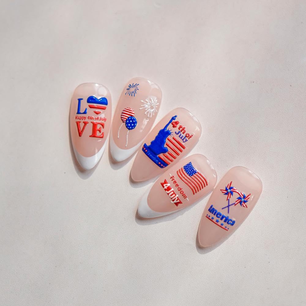 Independence Day Nail Stickers Star Self-Adhesive Balloon 5D Embossed Statue of Liberty Summer Nail Decals 4th of July Nail Designs Firework Nails Art Decoration for Women Manicure 1 Sheet