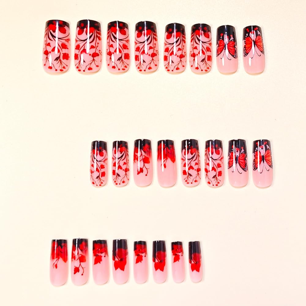 CEWEWP Medium Press on Nails Square Red Butterfly Flowers Fake Nails with Design Black French Nails Press ons Nude Acrylic False Nail Reusable Nail Tips Kit Full Cover Stick on Nails for Women 24Pcs