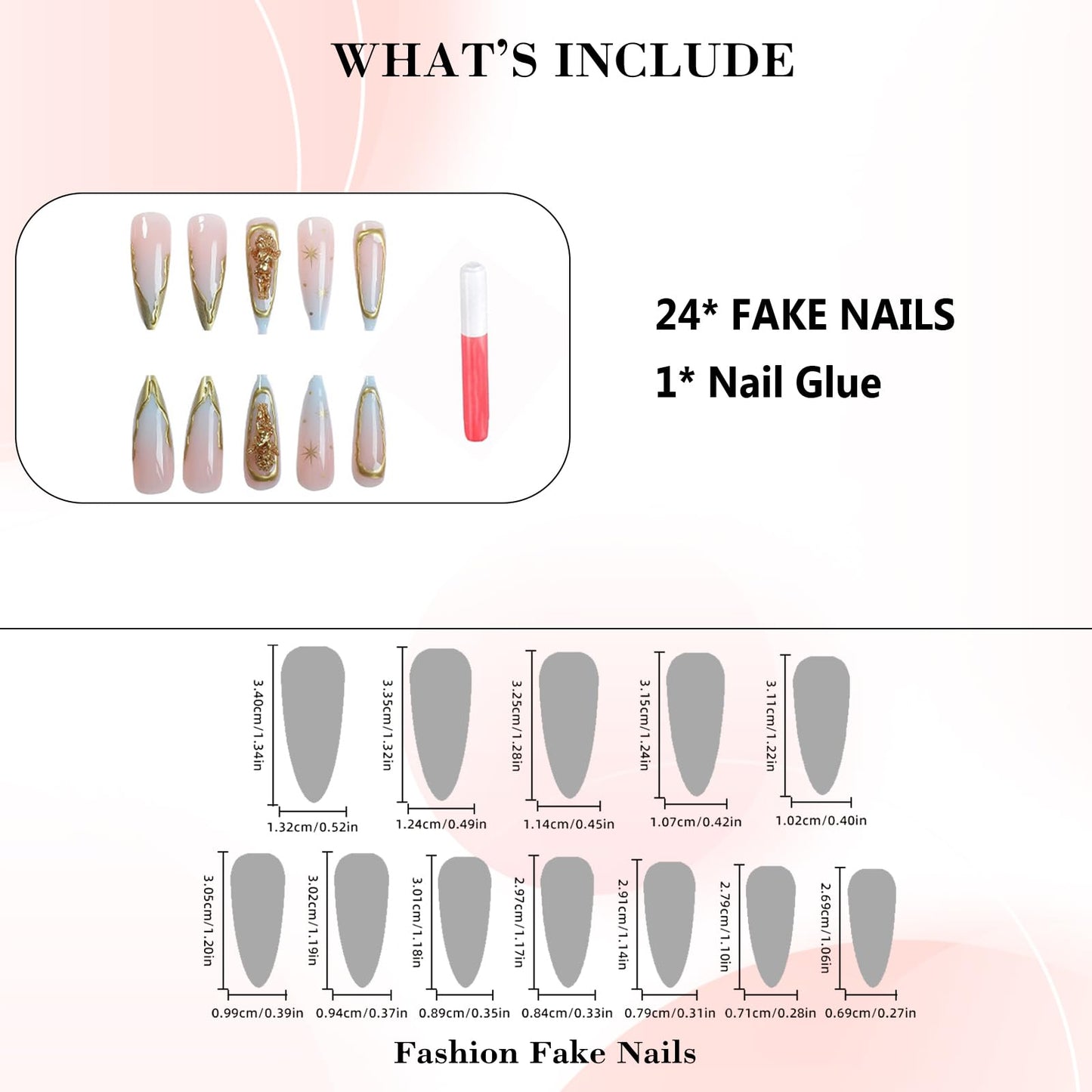 IMRAIN Long Press on Nails Stiletto Nude Blue Gradient Fake Nails 3D Golden Edge French Nail Tips Full Cover Handmade Acrylic Glossy False Nails with Angel Designs 24Pcs Elegant Manicure