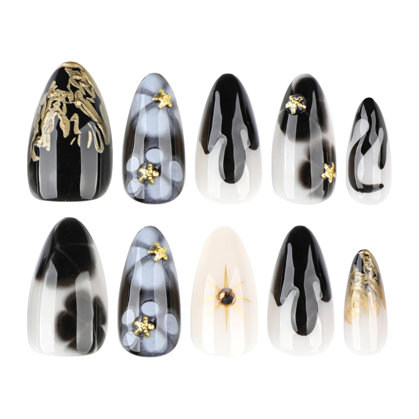 MISUD Press on Nails - Medium Almond Fake Nails with Black Flower, Acrylic Gold Chrome Design 24 pcs