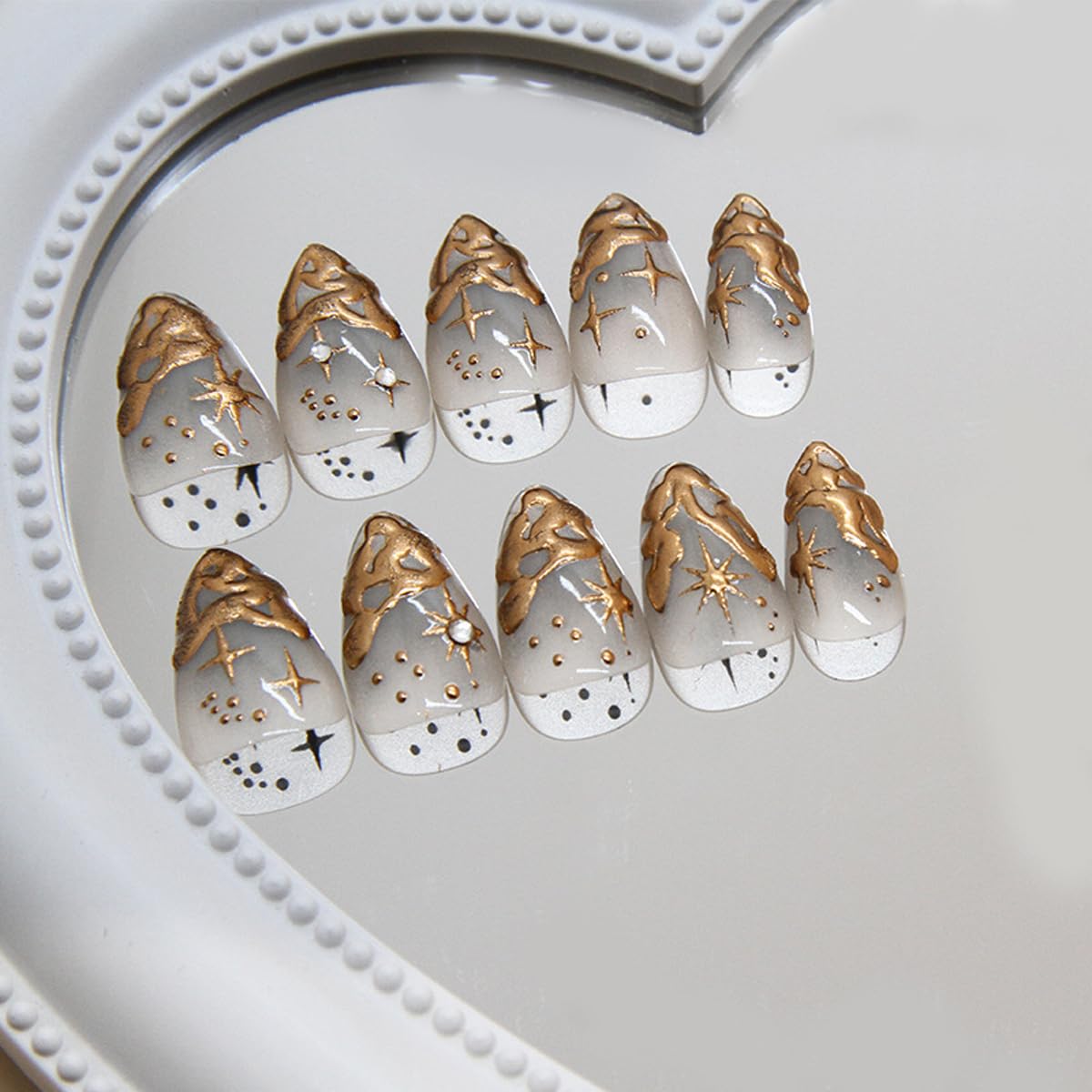 Gold Chrome Press on Nails Short Almond Fake Nails Star Nails Press ons with Design Reusable Artificial Nail Full Cover Glue on Nail Stick on Nails for Women Manicure 24 Pcs