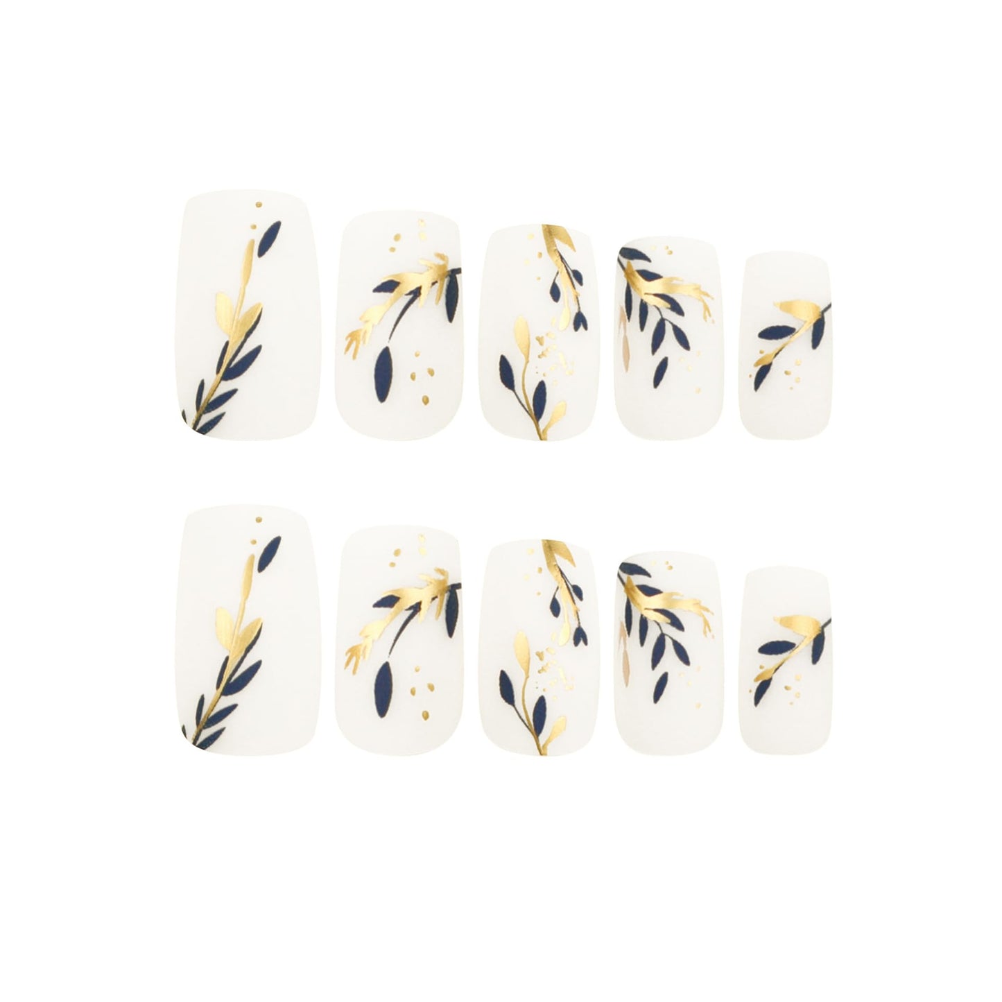 Gold Blue Leaves Press on Nails Medium Square Fake Nails Spring Summer White Matte False Nails Gold Foil Design Acrylic Glossy Artificial Fingernails Spring Stick on Nails for Women 24Pc