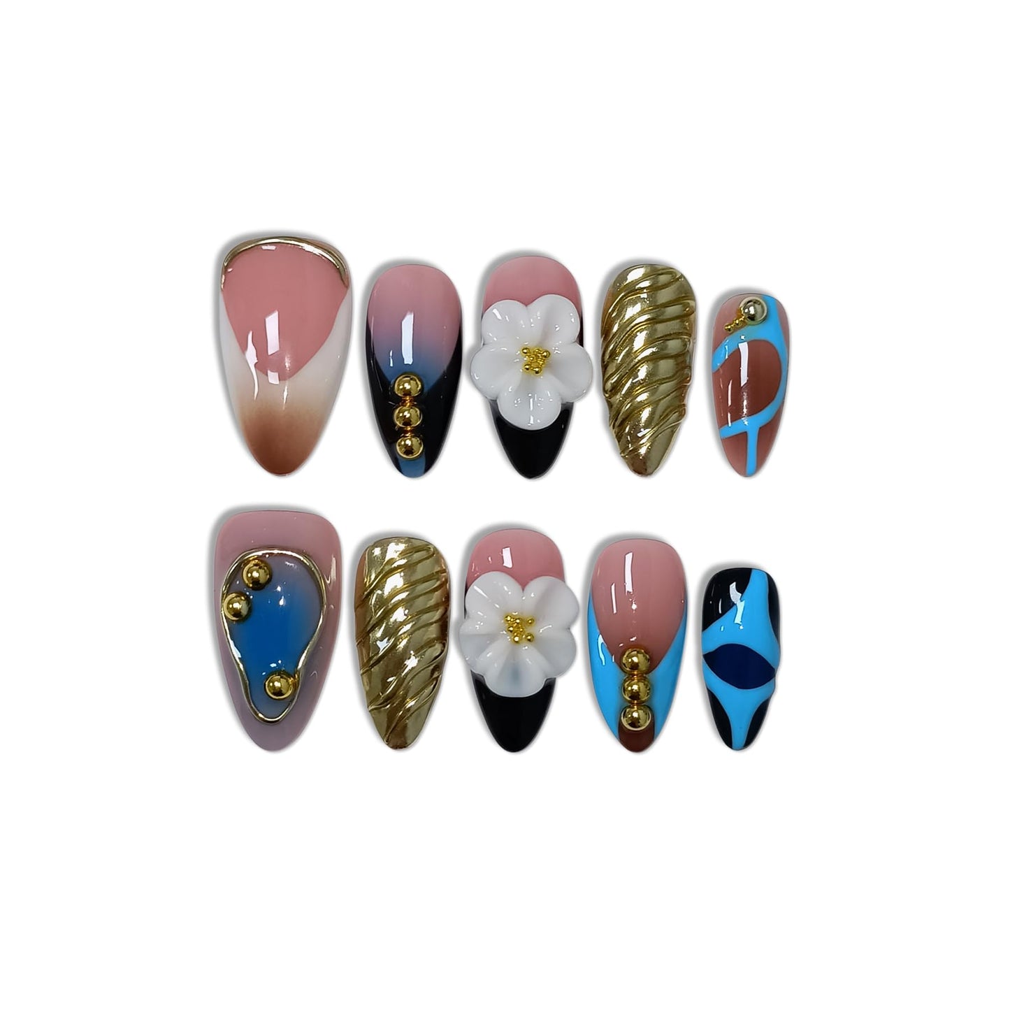 TENPAL 10Pcs Handmade Press On Nails With Tools,Gold & Blue French Tip Fake Nails Almond with 3D Floral Metal Charms,Glossy Thick Glue on Nails,Blushing Salon Acrylic Nails for Wedding Party(S)