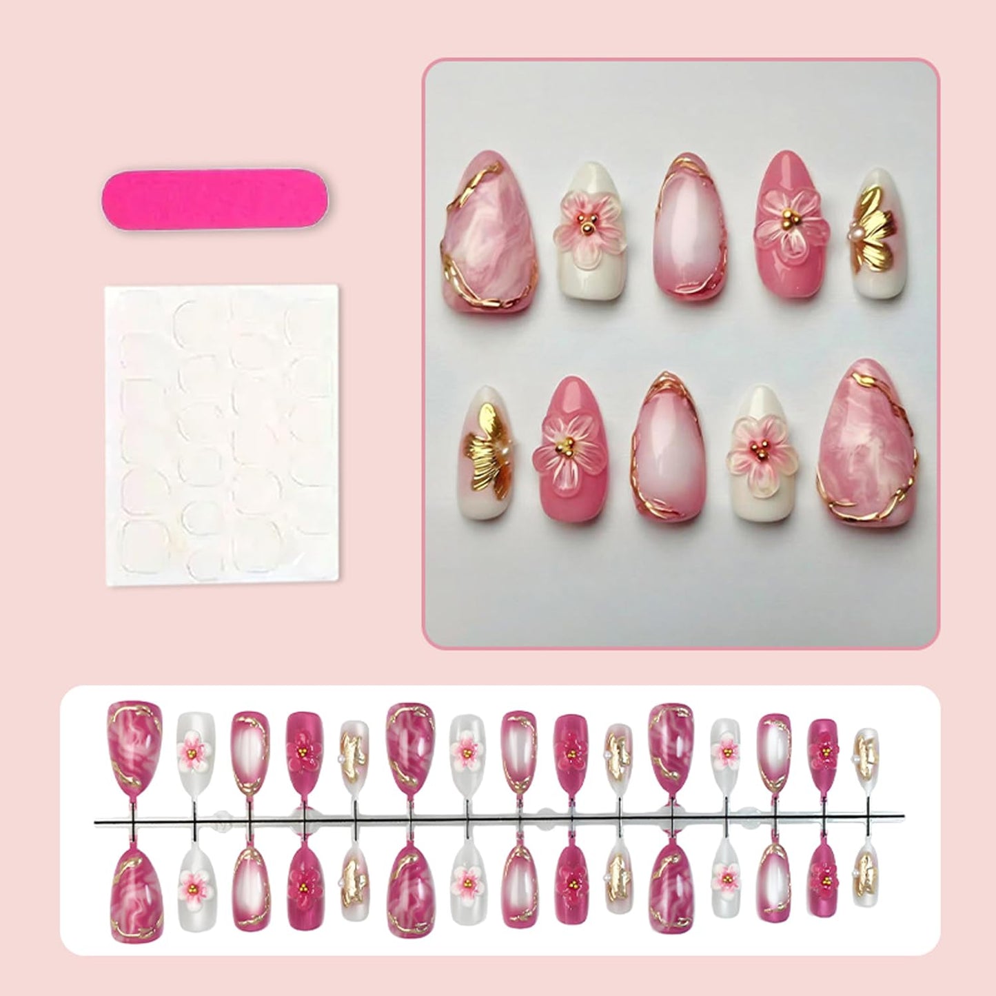 30pcs Red Gradient Flower Press on Nails Set, French Tip Fake Nail with Flower Designs Cute Floral Glue on Nails Gold French False Nail Tips Almond Stick on Nails Removable Acrylic Nail Kit for Women