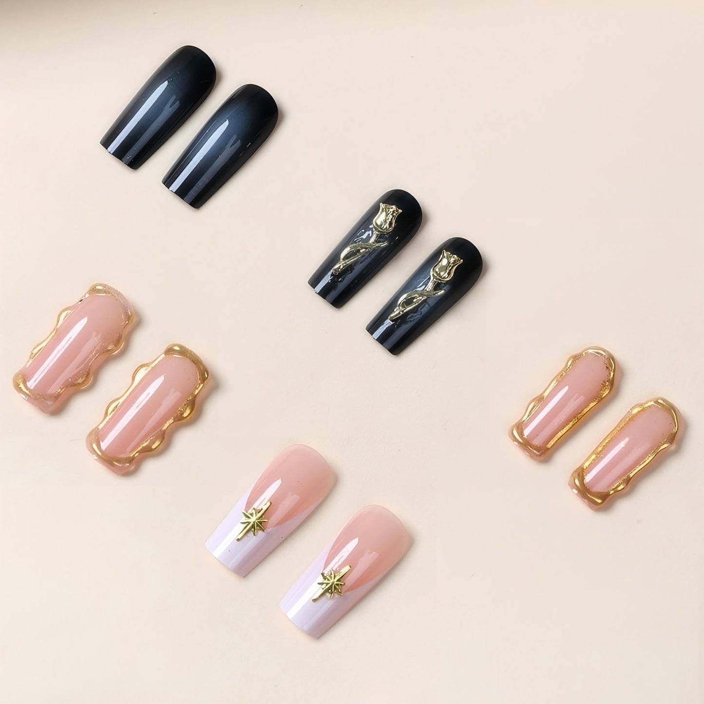 Rchovsam xl Square Press on Nails Long French Tip Fake Nails Gold Rose Designs Nails Press Ons White French Glue on Nail Acrylic Full Cover Gel False Nail Gift for Women 24pcs