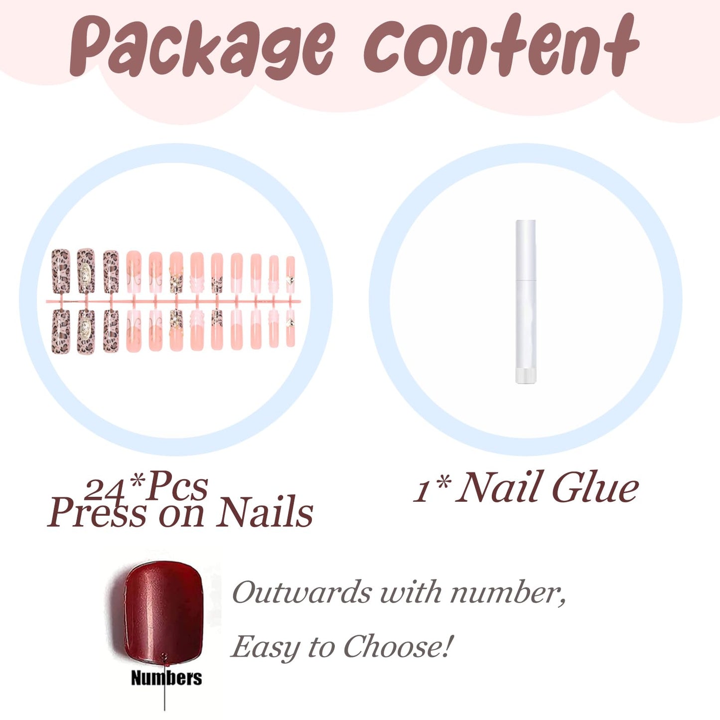 BABALAL Press On Nails, Long Square Fake Nails, Pink Ombre With White French Tip, Leopard Print & 3D Gold Cross Charm, Glossy Full Cover Glue On Nails For Women And Girls 24Pcs