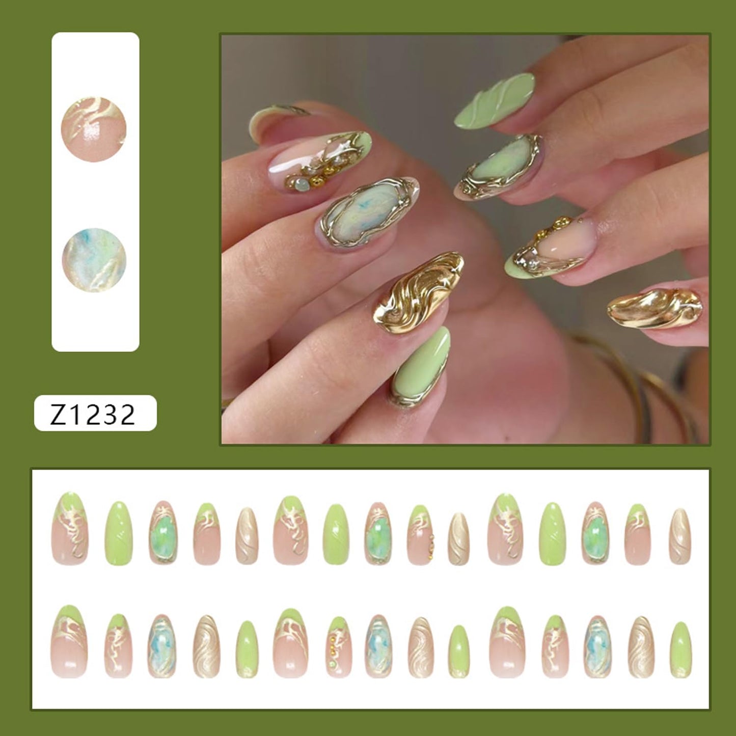 30Pcs Chrome Gold Press on Nails Medium Almond Green French Tip Fake Nails with 3D Rhinestone Design Gold Irregularity Line False Nails Nude Glossy Full Cover Gilded Artificial Glue on Nails for Women