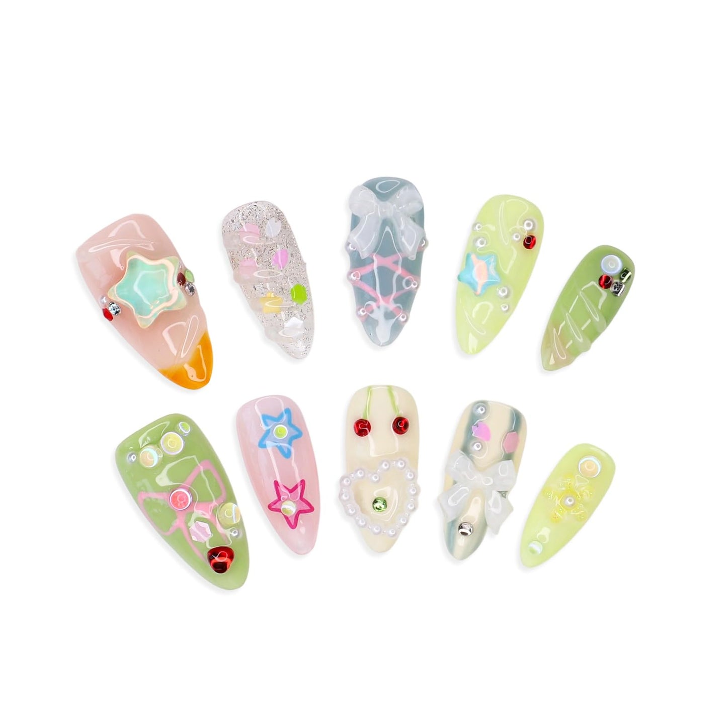 Short Press on Nails Almond Handmade False Nails 3D Stars Bow Pearl Designs Summer Flower Cherry Thick Acrylic Nails Full Cover Fake Nail Set Cute Glue on Nails for Women (Size M)