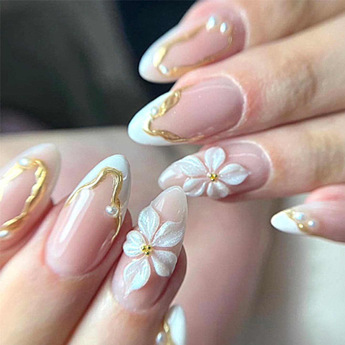 24Pcs White Flower Press on Nails Medium-Length Almond French Tip Fake Nails 3D Chrome Gold False Nails Gilded Line Gel Stick on Nails Nude Glossy Full Cover Cute Floral Acrylic Glue on Nail for Women