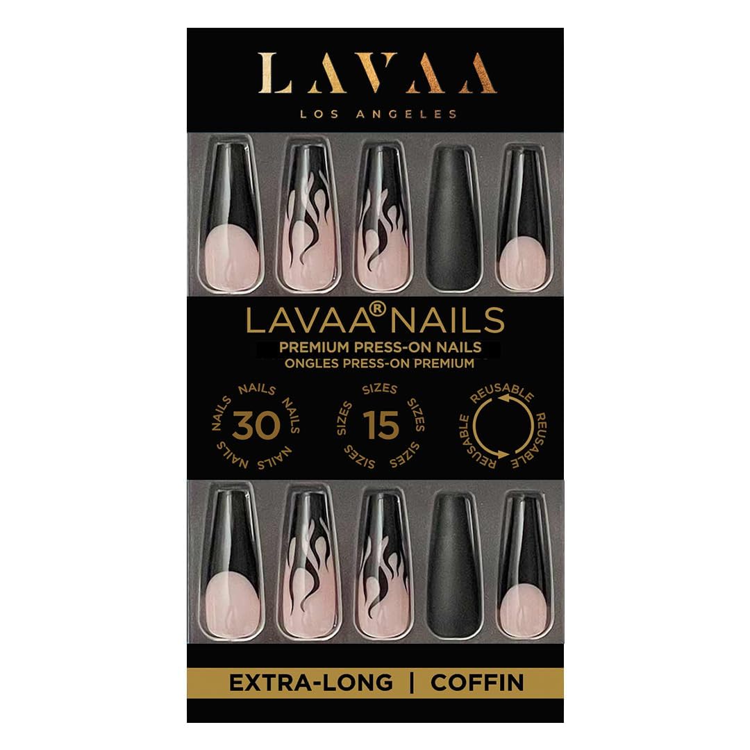 Lavaa Beauty Baddie Nail kIT – SLAYED Black Flame Extra-Long Coffin + ALIEN BADDIE Chrome Ombré Almond Press-On Nails | Reusable Glossy Fake Nails Set for Instant Glam