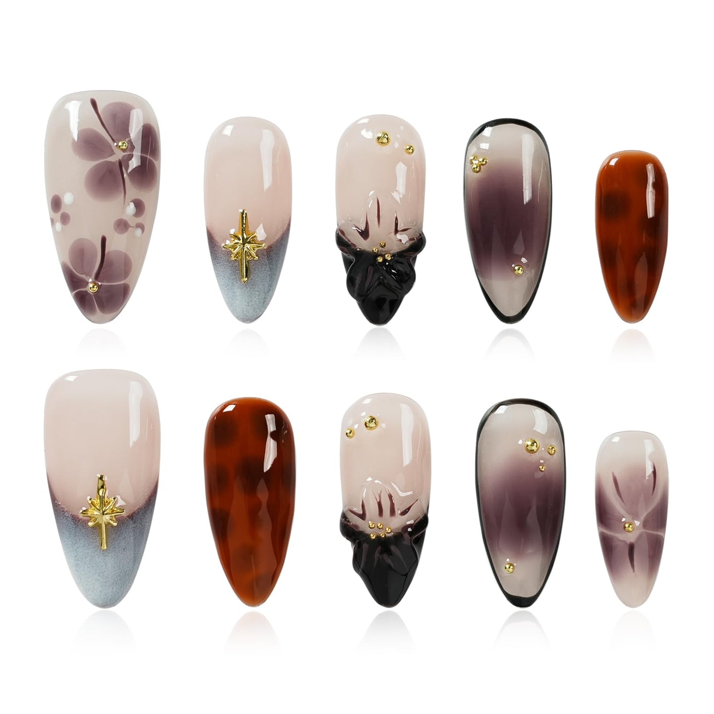 Tesytto Handmade Press on Nails Medium Almond, Nude Brown Gradient Floral Fake Nails, Glossy Reusable Stick On Acrylic Nails with Gold Charms Luxury Salon Design (Dusk Pastel Gradient Flowers, M)
