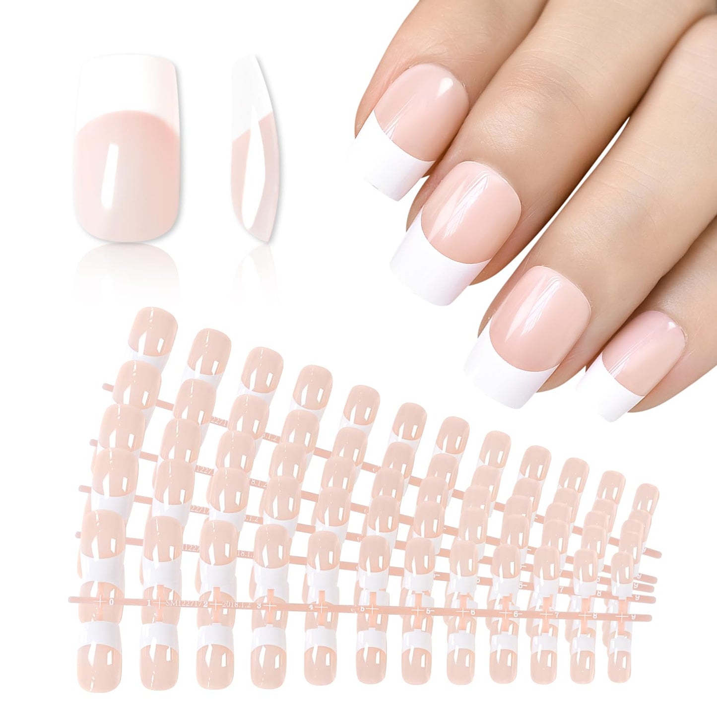 IKISKT 5 * 24pcs French Tip Press on Nails, Medium Short Square Pink, White French Gel Nail Tips, Fake Nails for Nail Women Girls Art 120pcs