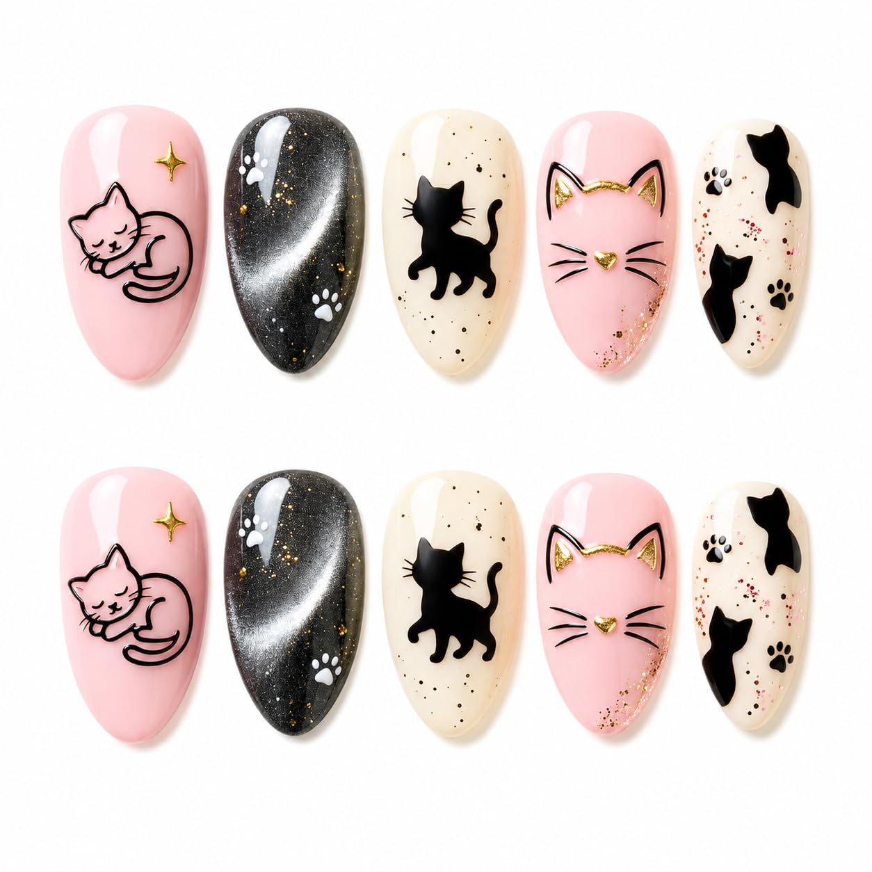 Press On Nails Almond Medium, Handmade Pink Black Cream Acrylic Fake Nails, Cute Cat Paw Print Girly Design, Reusable Glossy, Custom Made to Order