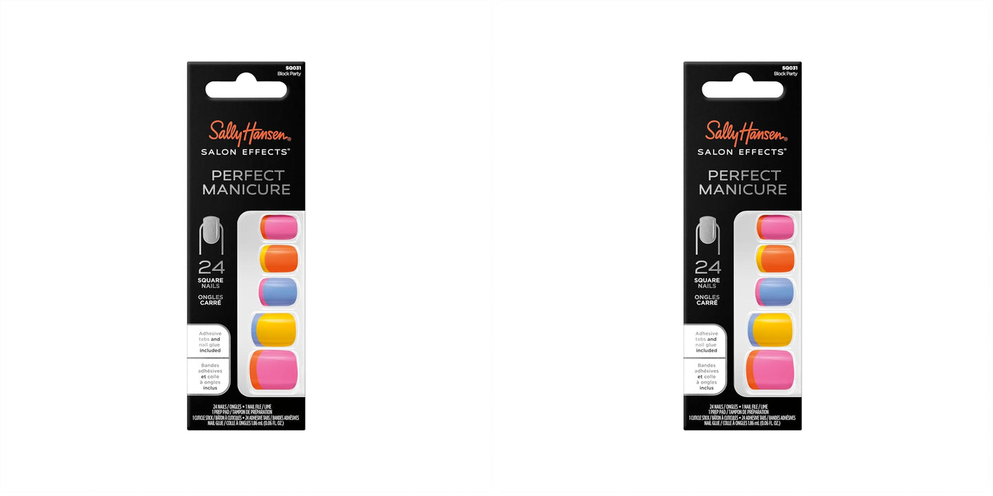 Sally Hansen Salon Effects® Perfect Manicure, Block Party, Press On Nails, Square Shaped, Non-Damaging Adhesive Tabs, File, and Alcohol Pad Included (Pack of 2)