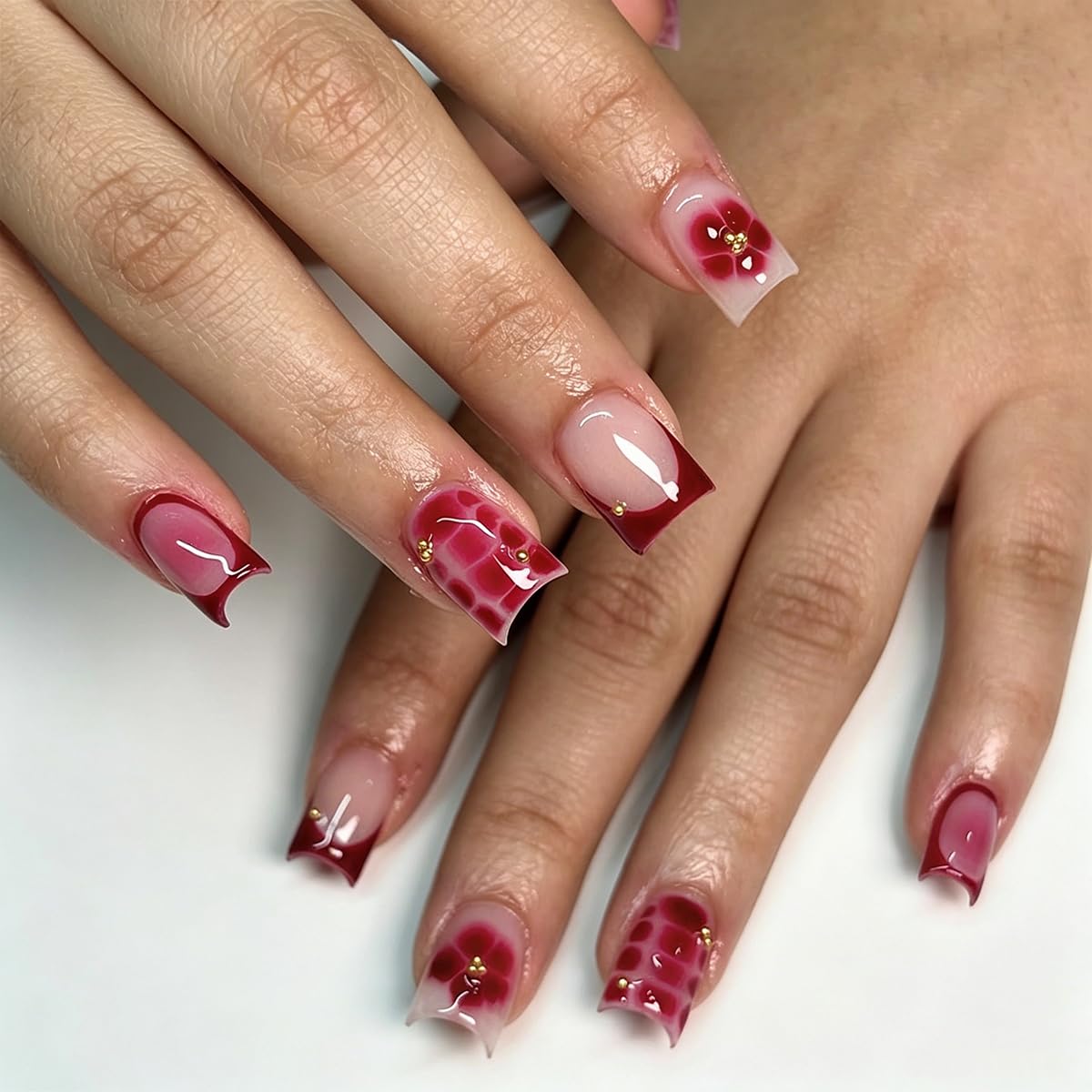 Red Press on Nails French Tip Glue on Nail Medium Square Fake Nails with Gold Beads Design Nude Nails Press ons Full Cover Stick on Nail for Women Manicure 24Pcs