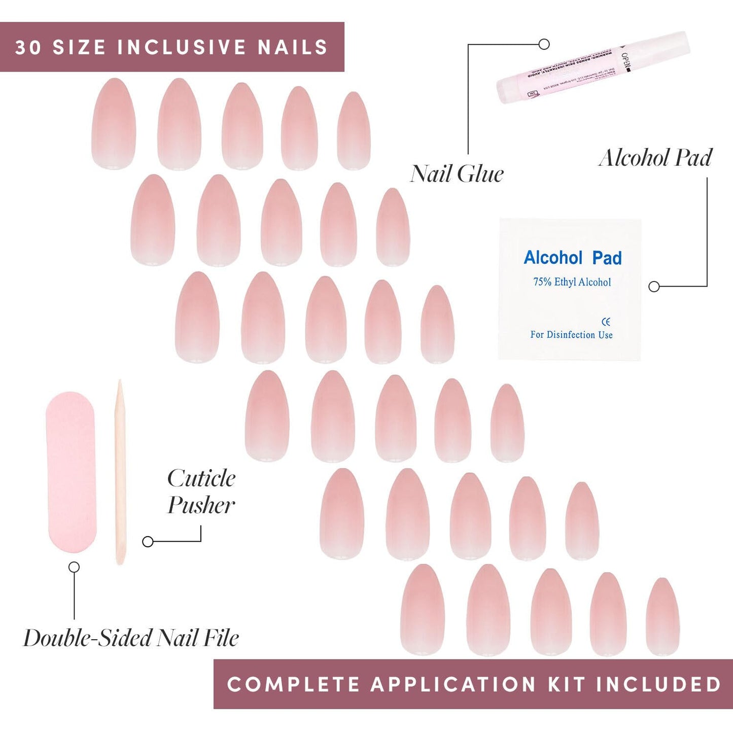 Glamnetic Press On Nails - Cloud 9 | Jelly UV Finish Medium Pointed Almond Shape Fake Nails, Salon Quality in 15 Sizes, Semi-Transparent - 30 Nail Kit with Glue