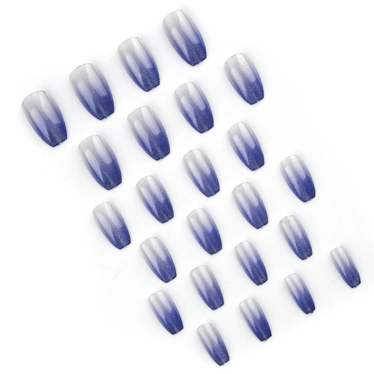 Coffin Press on Nails Medium - Blue Fake Nails with Ombre Glitter Deisgn - Gloosy Full Cover Stick on False Nails - for Women 24 Pcs