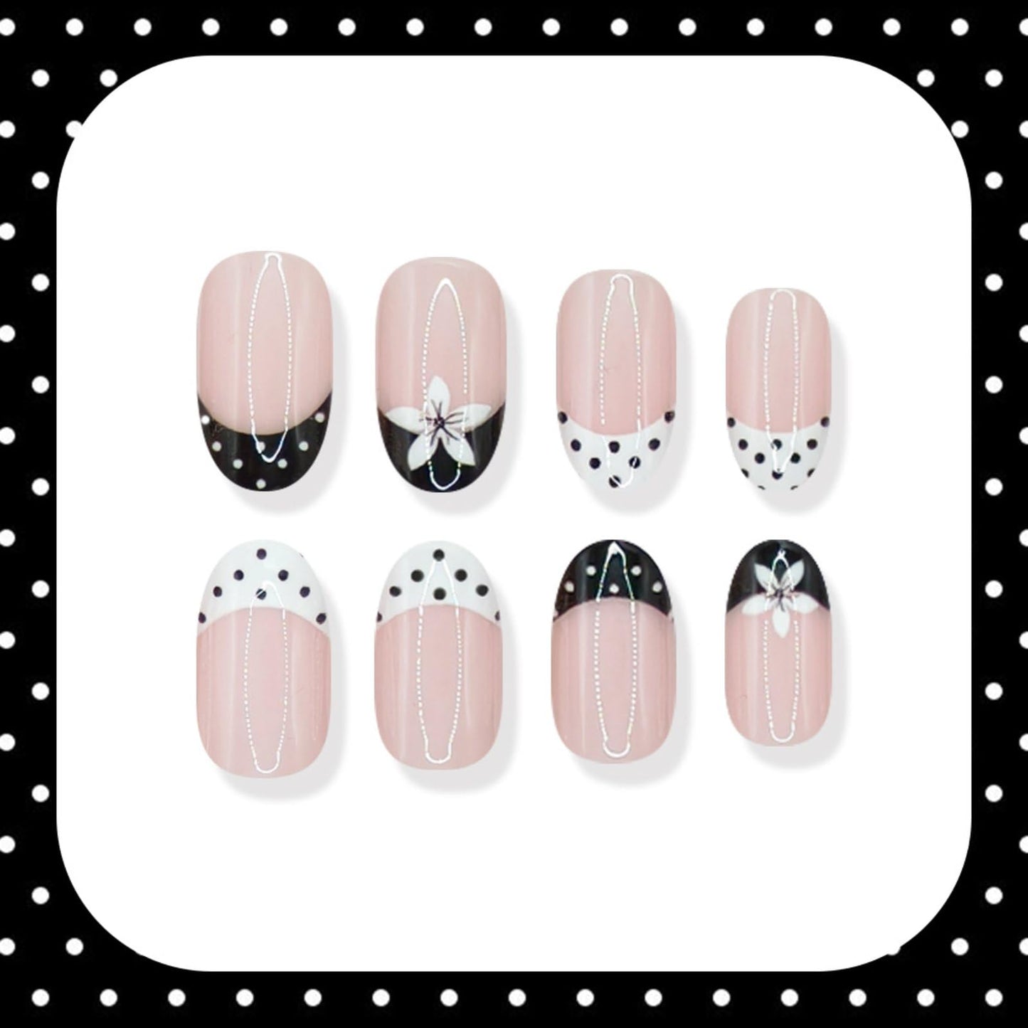 French Tip Press on Nails Short Almond Fake Nails with Flower Designs Spring Floral Full Cover Glue on Nails Polka Dot Flowers False Nails Black White Glossy Acrylic Stick on Nails for Women Manicure