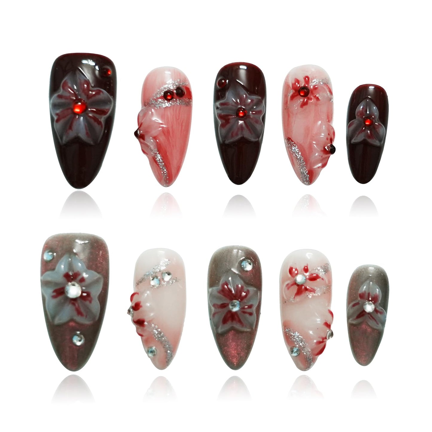 Tesytto Handmade Floral Press on Nails - Medium Almond 3D Embossed Rhinestones & Red Ombre, Thick Acrylic Gel Nails for Parties, Valentine's Day (Evil Flower,M)