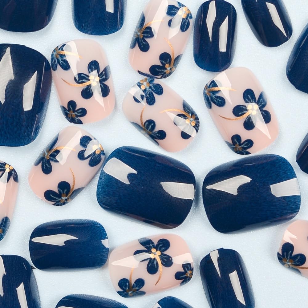 Flower Press on Nails Short Square Fake Nails with Blue Floral Design Glossy Dark Blue Glue on Nails Gold Lines Nails Press ons Reusable Full Cover Spring Summer Acrylic Nails for Women Manicure 24Pcs