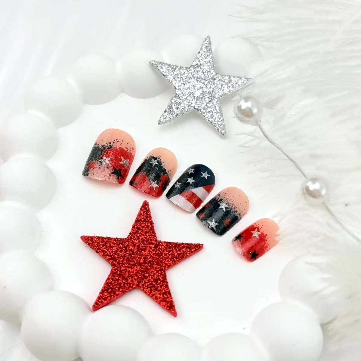 24Pcs Independence Day Press on Nails Short Square Fake Nails Glitter French Tip False Nails with Red Blue White Star Design 4th of July Artificial Stick on Nails Patriotic Glue on Nail for Women