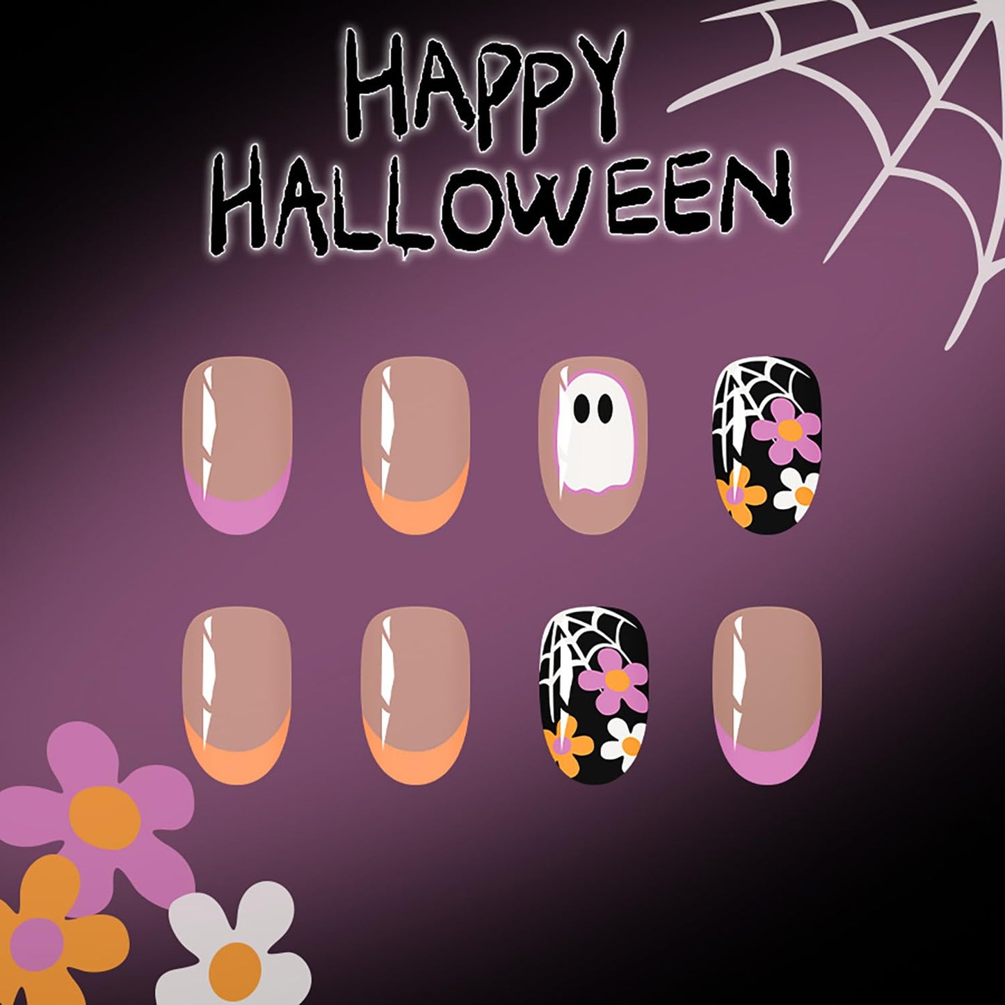 CJDLTS Halloween Press on Nails Short Almond Cute Ghost False Nail Acrylic Artificial Fingernails Flowers Bat Design Full Cover Glossy Festival French Stick on Nails for Women Supplies 24Pcs