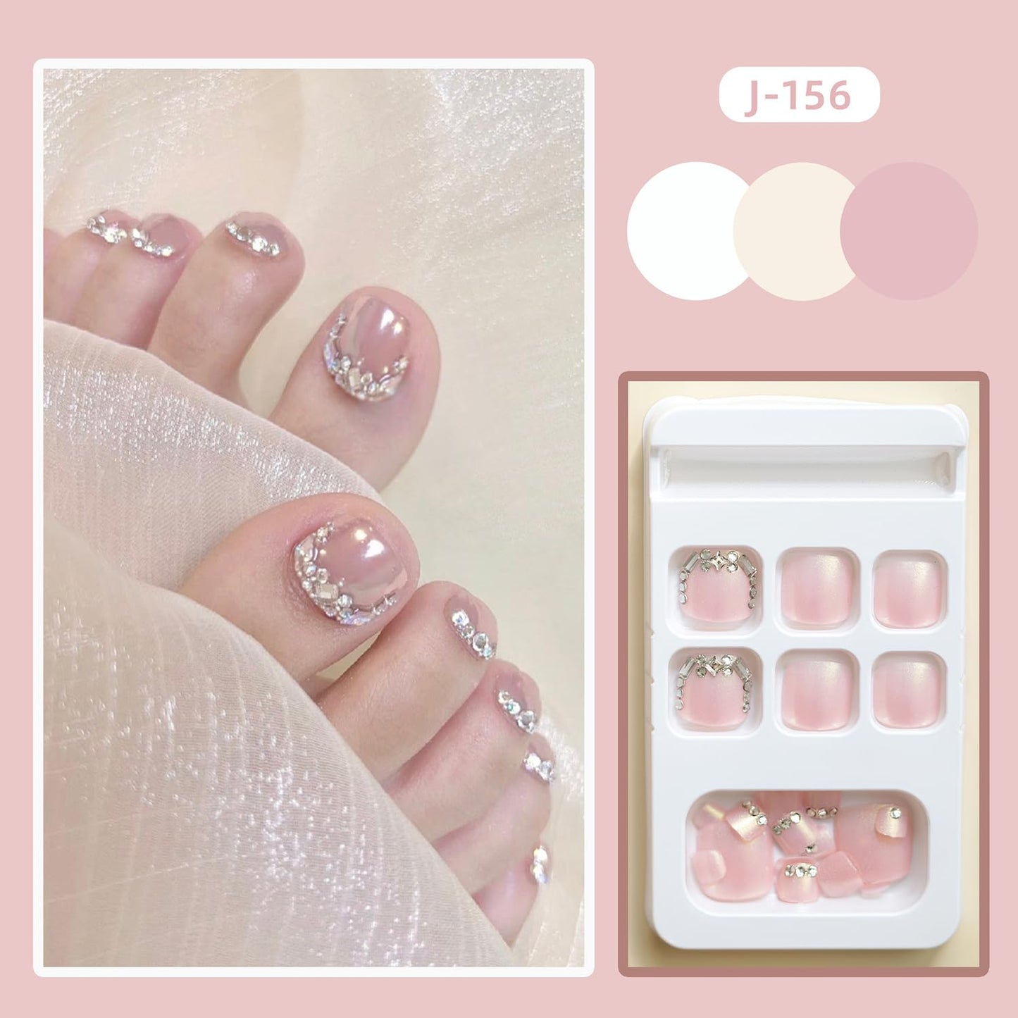 Vezocim Pink False Nails Sets, Press on Toenails Coffin with Rhinestone Designs, Full Cover Artificial Acrylic Fake Nails for Toe, Glue on Toenails with Charm, Stick on Toe Nails for Women