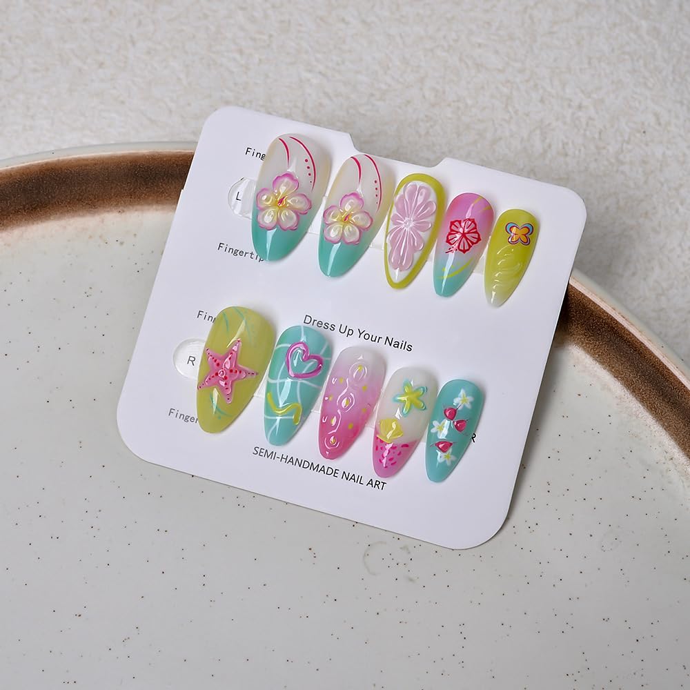 24Pcs Summer Press on Nails Medium Almond Fake Nails with 3D Starfish Flowers Designs Summer Beach False Nails Pearl Glue on Nails Handmade Full Cover Acrylic Nails Stick on Nails for Women DIY