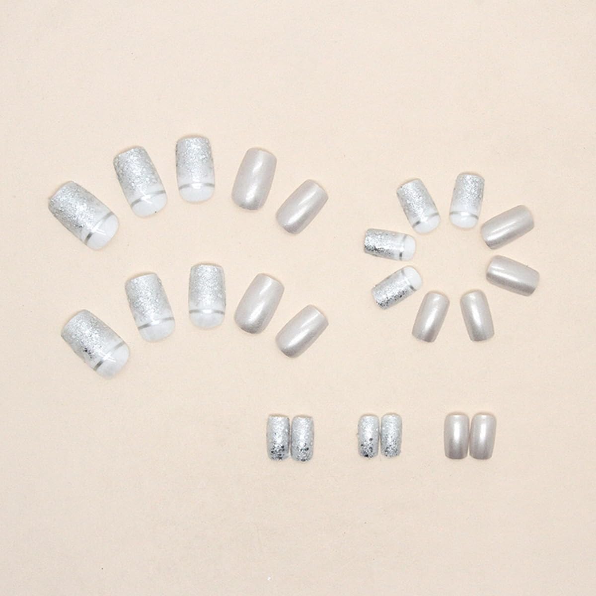 Silver Press On Nails - Square Medium Glitter Chrome False Nails with Designs, Full Cover Glossy Acrylic Glue on Nails, 24Pcs