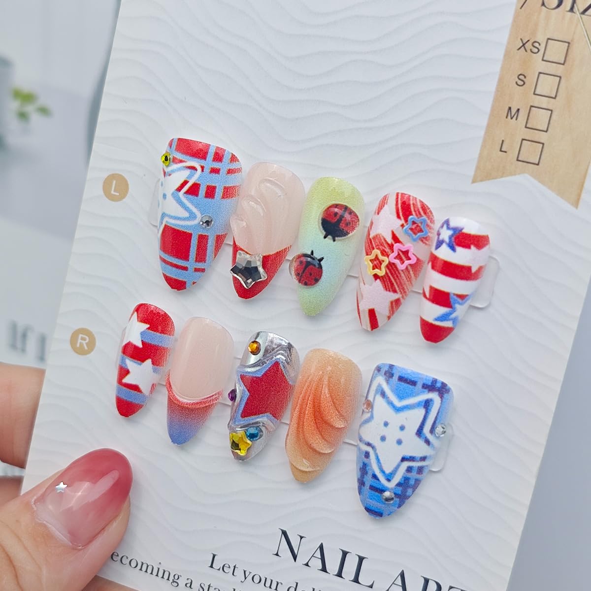24Pcs 4th of July Press on Nails Medium Almond French Tip Fake Nails American Flag with Red White Blue Press Ons Cute Y2k Design Independence Day False Nails Patriotic Glue on Nails for Women Acrylic