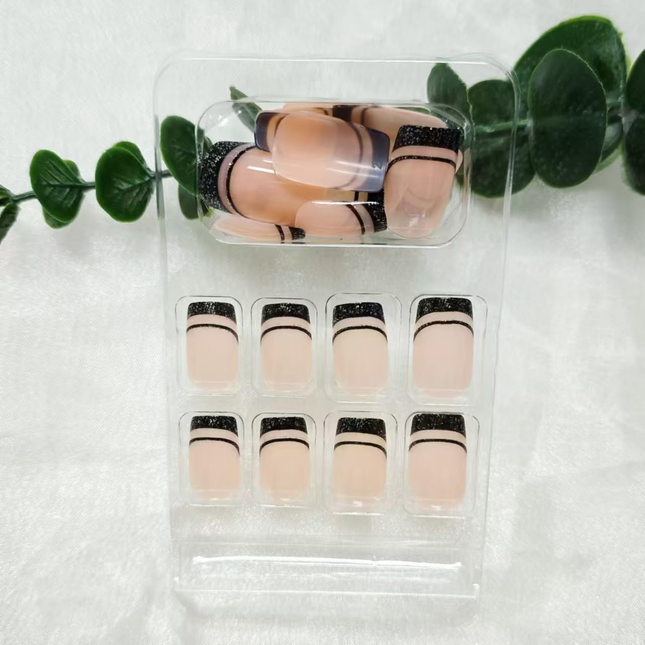 Black French Tip Press on Nails Medium Square Fake Nails with Design Black Line False Nail Glitter Glue on Nail Glossy Full Cover Artificial Acrylic Bling Stick on Nail for Women NBNTGH Manicure 24pcs