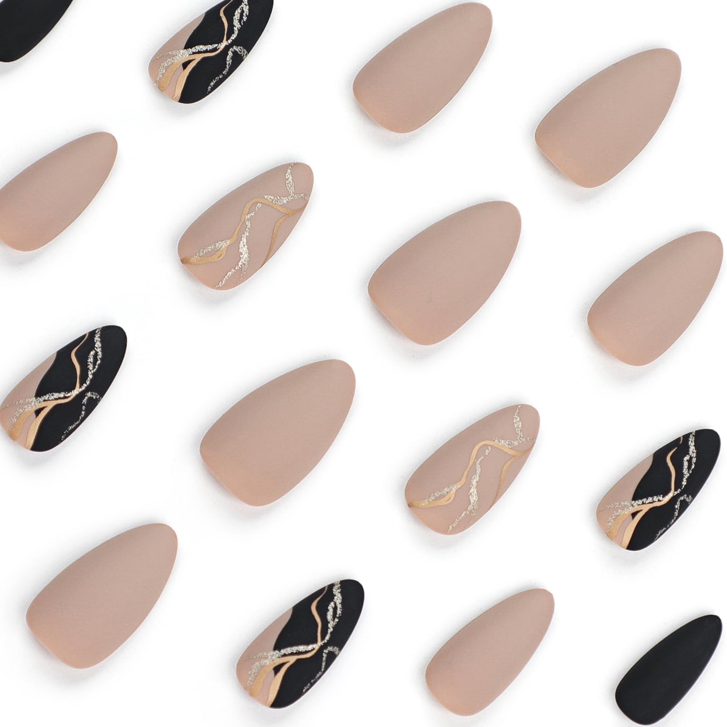 IMSOHOT Almond Press on Nails Medium French Tips Fake Nails Matte Coffee Brown Acrylic False Nails with Gold Foil Designs Full Cover Fall Black Stiletto Nails Glue on Nails for Women 24Pcs