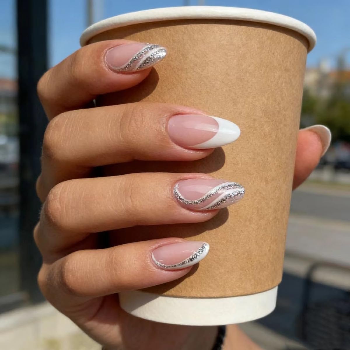 FJSMTOPl White French Tip Press on Nails Almond Fake Nails Press ons Medium False Nails Glitter Swirl Glossy Full Cover Acrylic Glue on Nails Artificial Stick on Nail for Women Manicure 24Pcs