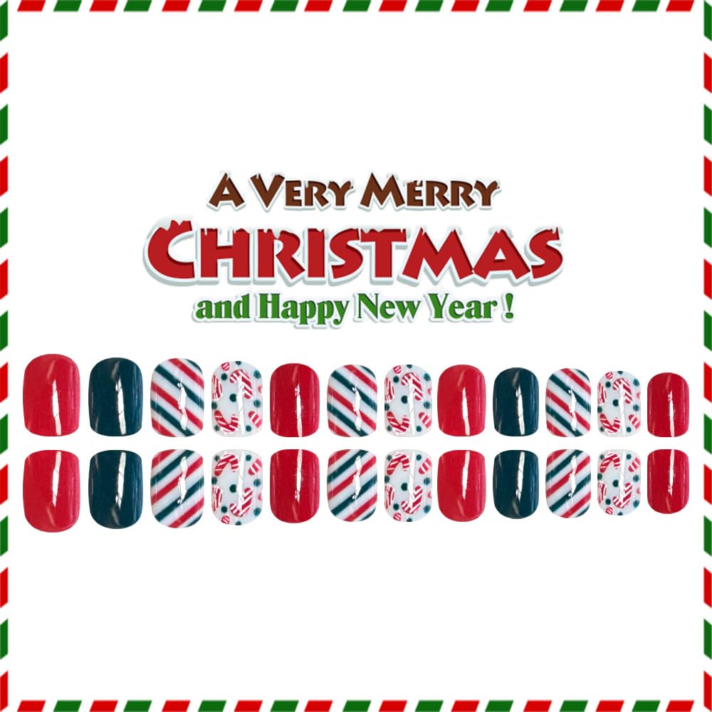 Christmas Short Press on Nails Crutch Square Fake Nails with Red Green Stripe Designs Xmas Winter Full Cover Stick on Nails Artificial Reusable Christmas Nails Glue on for Women Holiday Manicure Kit